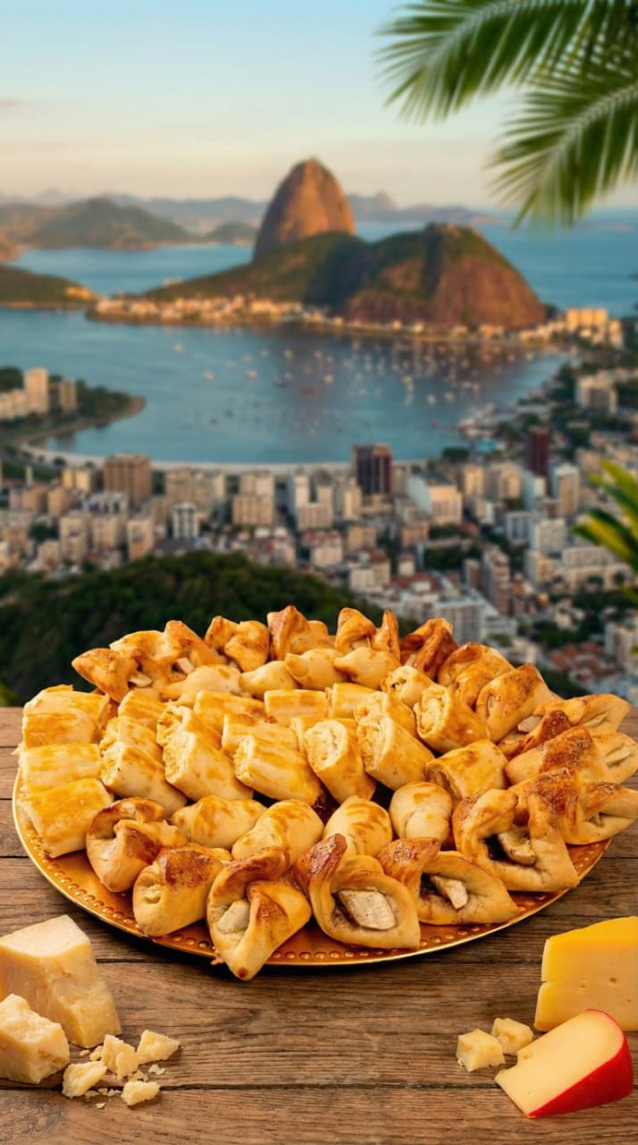 Bandeja de salgados artesanais POD com vista para o Pão de Açúcar